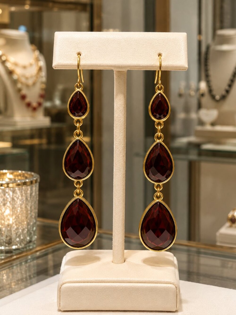 Burgundy Cascade Triple Teardrop Statement Earrings